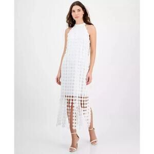Anne Klein Women Bright White Lace Fringe-Hem Sleeveless Cocktail Dress Size 14